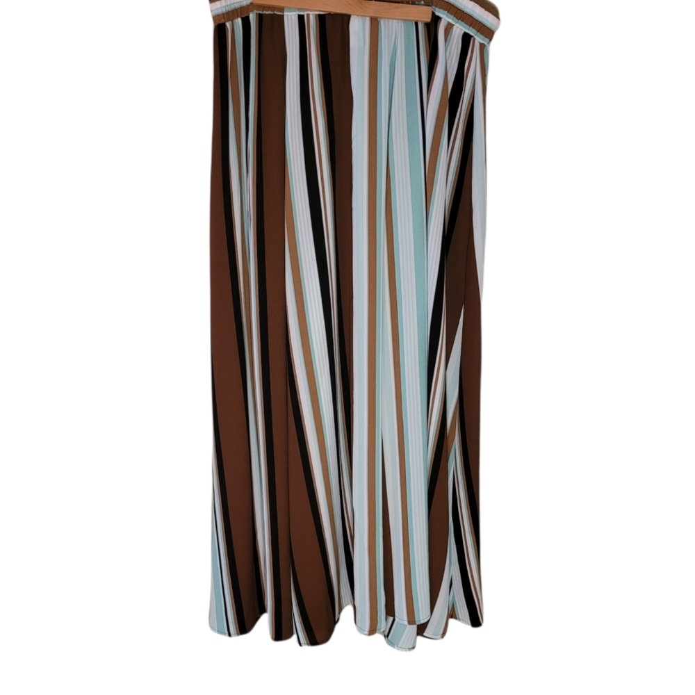 EST 1946 brown, white, black, & mint green striped maxi skirt.